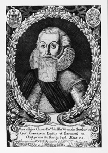 Sir John of Gwydir, parton and friend of Bishop Morgan. Engraving by R. Vaughan, c. 1700.
