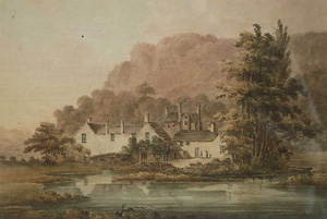 Plas Gwydir, across the river from Llanrwst. Home of the patrons of William Morgan. Watercolour by James Bourne (1773-1854)