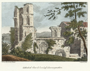 Bishop Morgan did not succeed in preventing the dilapidation of Llandaff Cathedral. Engraving by S Hooper, 1787.