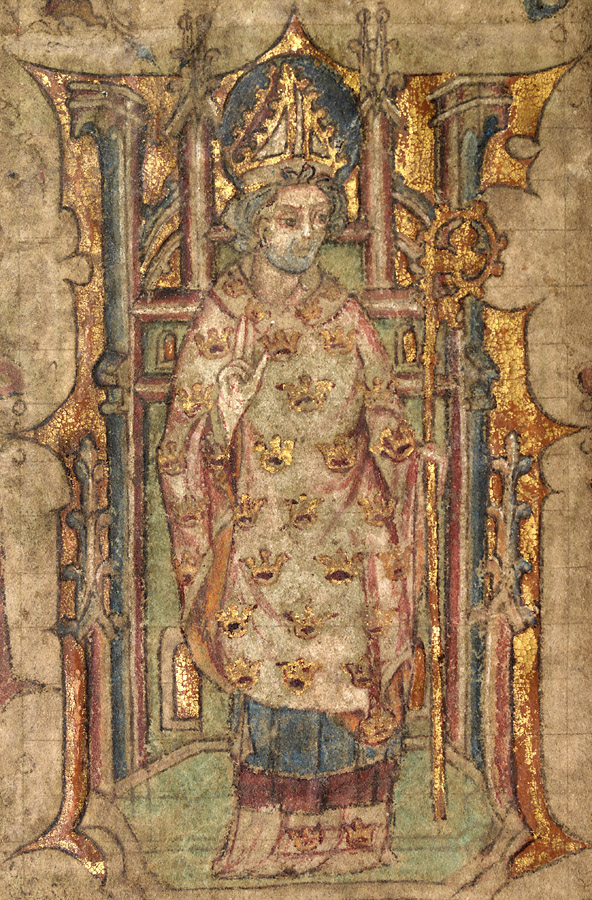 A bishop, possibly Saint Peblig, from the Llyfr Oriau Llanbeblig